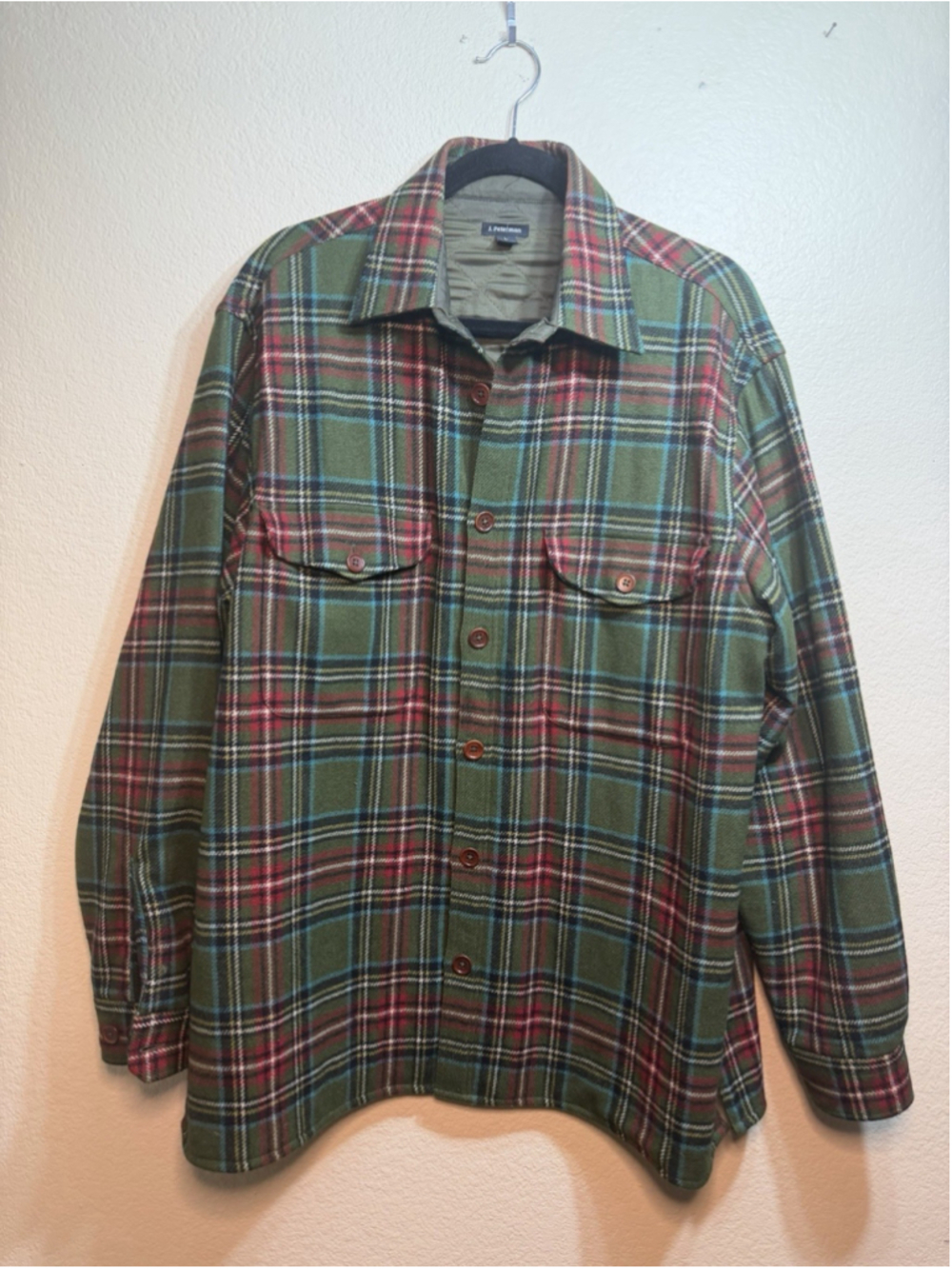 J. Peterman Wool Plaid Shacket Shirt Men's Large Button Chore Layers Workwear